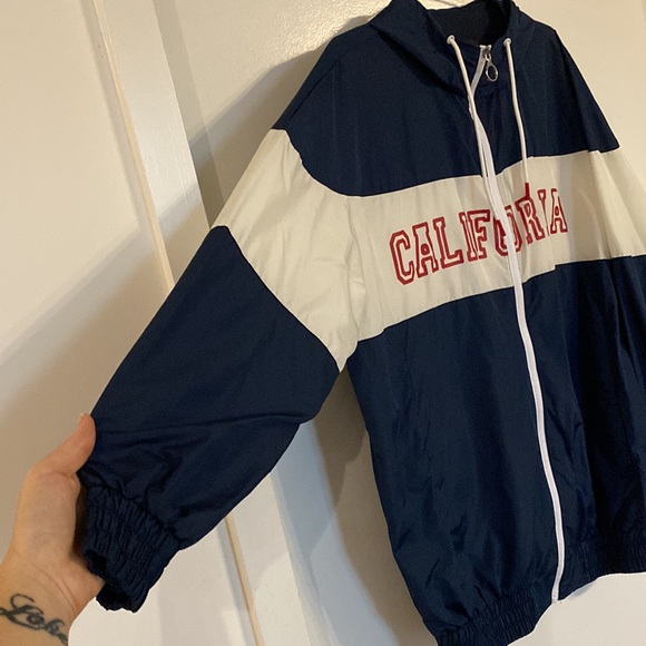 Zara Windbreaker Jacket Women US XS Oversized Zip Up Navy White Red Retro Cali - Picture 4 of 12